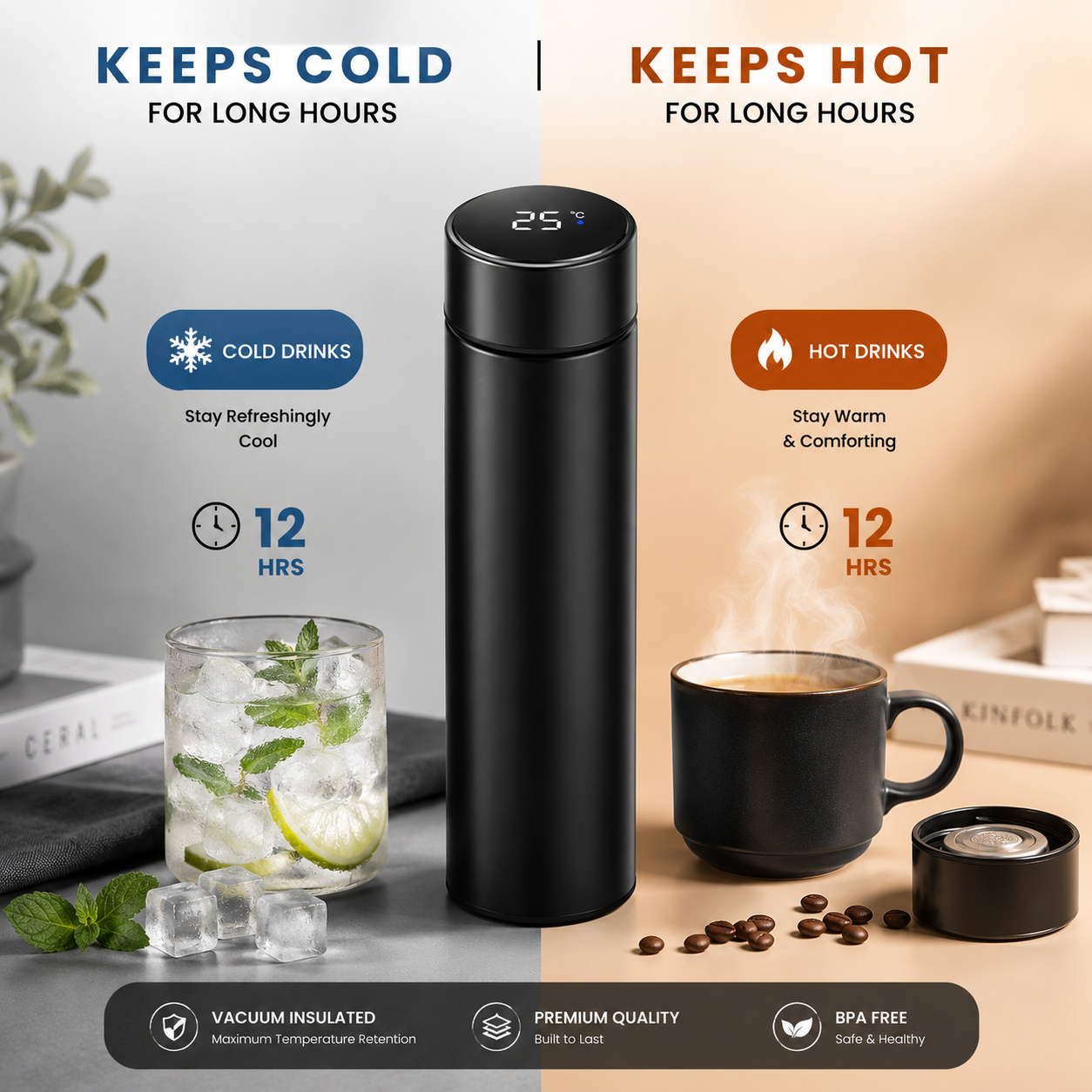 Temperature Water Bottle | Smart Vacuum Insulated Thermos Water Bottle ( Pack Of 1 )