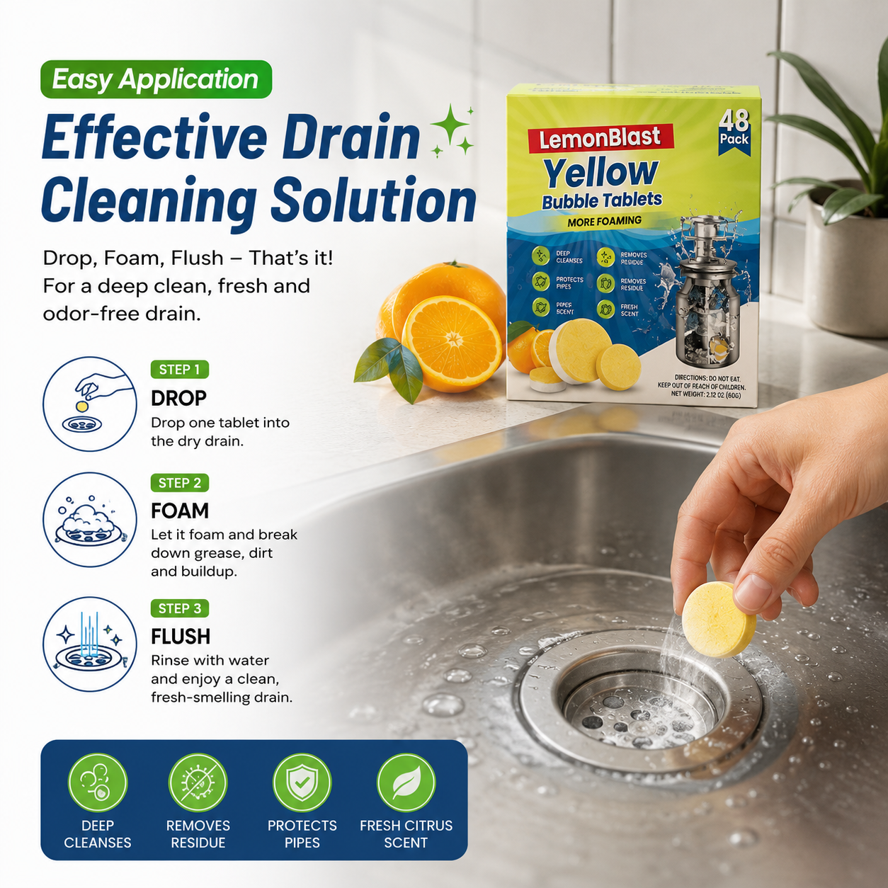 Foaming Drain Cleaning Tablets for Sink, Pipes & Disposal